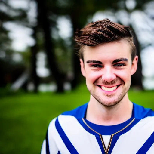 Image similar to photographic portrait of a young white male smiling with short brown hair that sticks up in the front, blue eyes, groomed eyebrows, tapered hairline, sharp jawline, wearing a purple white volleyball jersey, sigma 85mm f/1.4, 15mm, 35mm, 4k, high resolution, 4k, 8k, hd, full color