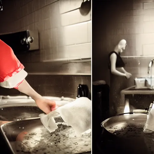 Image similar to portrait of nosferatu washing dishes, realistic detailed photography, 5 0 mm lens