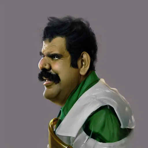 Image similar to hyper realistic, realistic - anime, portrait, beautifully rendered, luis guzman as luigi wearing green, smirking deviously, nintendo's luigi, luigi's nose, painted by greg rutkowski, wlop, artgerm, dishonored 2,