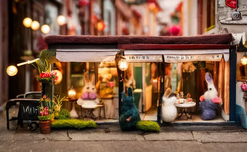 Image similar to miniature cafe diorama, macro photography, cafe with felted bunnies on a date, alleyway, ambient, atmospheric, british, cozy, bokeh, romantic, colorful lanterns