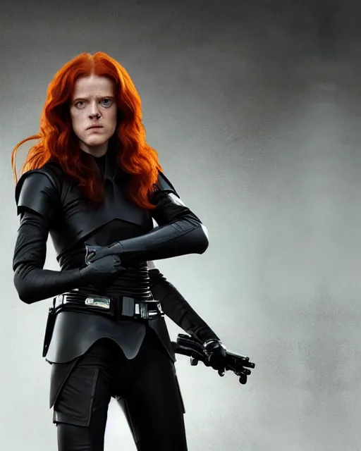 Image similar to rose leslie portraying a beautiful mara jade from star wars legends, beautiful rose leslie mara jade, in a black suit, without lightsaber, movie, hyper realistic, hollywood promotional image, imax, 8 k