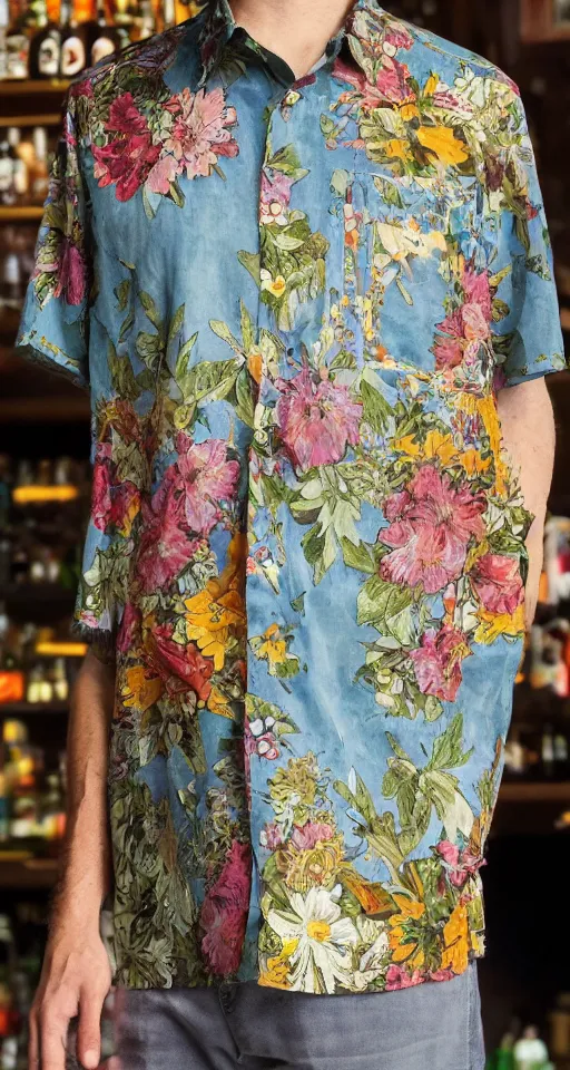 Image similar to close up of max payne floral shirt in a bar, sun shining, photo realistic illustration by greg rutkowski, thomas kindkade, alphonse mucha, loish, norman rockwell.