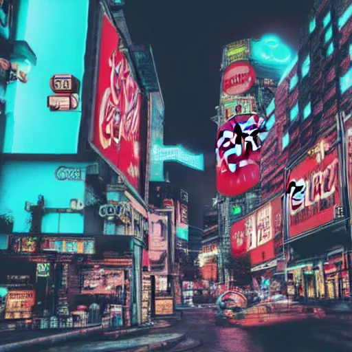 Image similar to a cyberpunk city with crazy illuminated coca - cola and apple signs