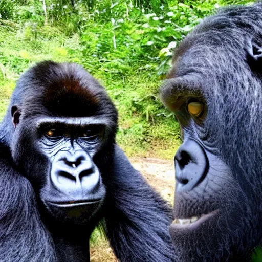 Image similar to pov of a silverback gorilla who needs to teach his confused son about the jungle