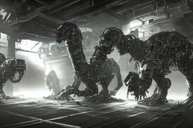 Image similar to robosaurus parallax datacenter server room interior single mono colossus white rusty robot sitting artstation cinematic detailed concept art volumetric light sharp coherent cgsociety symmetric perfect well balanced shadows lotr servers