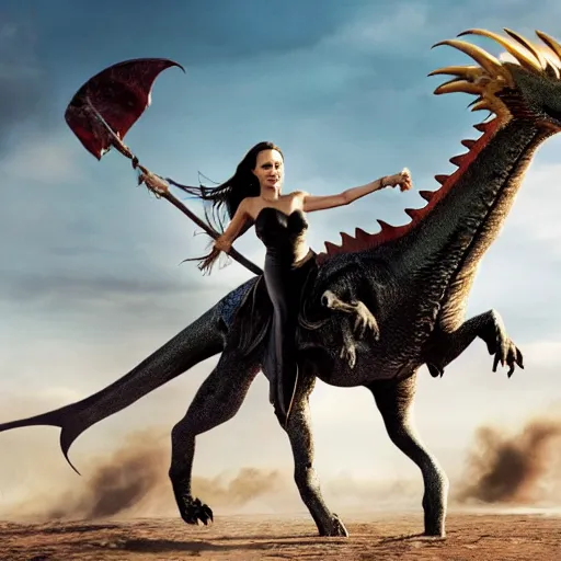 Prompt: angelina jolie as khaleesi riding a dragon