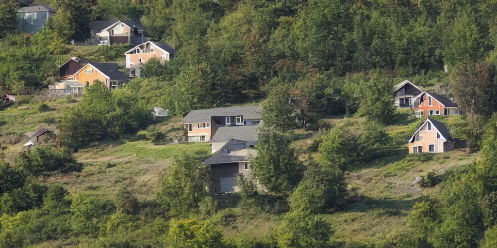 Prompt: cottagecore of a student sitting on a hilltop overlooking a suburban neighborhood on a peaceful morning