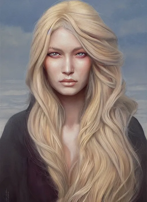 Image similar to a painting of a woman with long blonde hair, a photorealistic painting by magali villeneuve, featured on cgsociety, fantasy art, detailed painting, storybook illustration, photorealistic