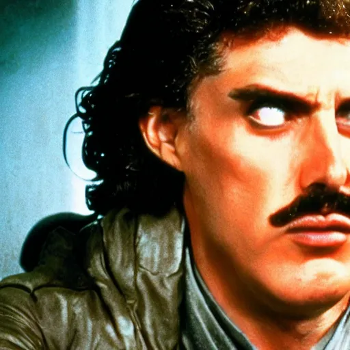 Prompt: Weird al Yankovic with his mustache as Rick Deckard on blade runner 1982, smiling, wide angle lens, movie still, in color, movie frame, detailed face, symmetrical face, 4k