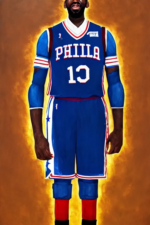 Image similar to full body portrait of the dictator of the philadelphia 7 6 ers, 1 8 8 9, in full military garb, joel embiid, oil on canvas by william sidney mount, trending on artstation