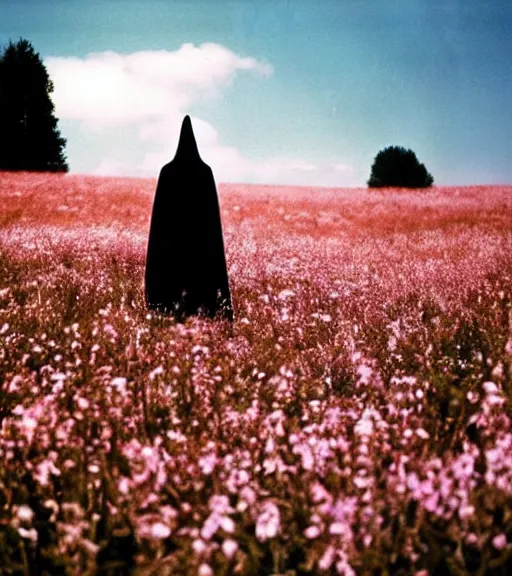 Image similar to white grim reaper with no face standing at distance looking at you in beautiful meadow of flowers, film photo from 1970s, grainy, high detail, high resolution