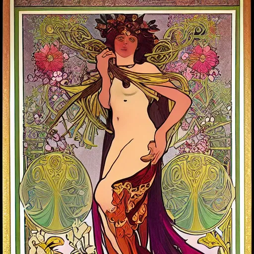 Image similar to persephone as godess of hell and flowers, painted by alphonse mucha