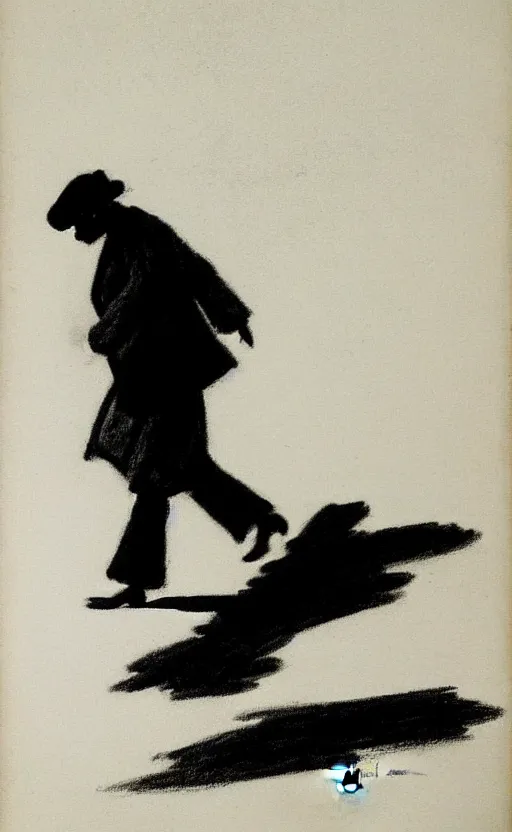 Prompt: black and white silhouette drawing of a person walking, white background by stanhope forbes