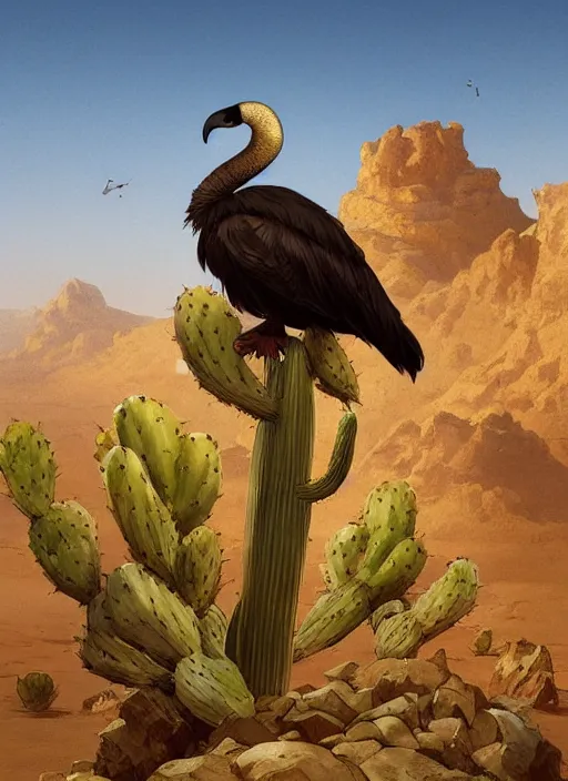 Image similar to A dodo bird perched atop a cactus in the desert, digital art, trending on Artstation, high detail, sharp focus, illustration, art by artgerm and greg rutkowski and alphonse mucha.