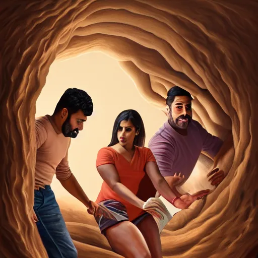 Image similar to a painting of three brown men and a brown woman emerging out of a giant open book, hyperrealistic faces, detailed digital art, aesthetic!, trending on artstation, anatomically correct