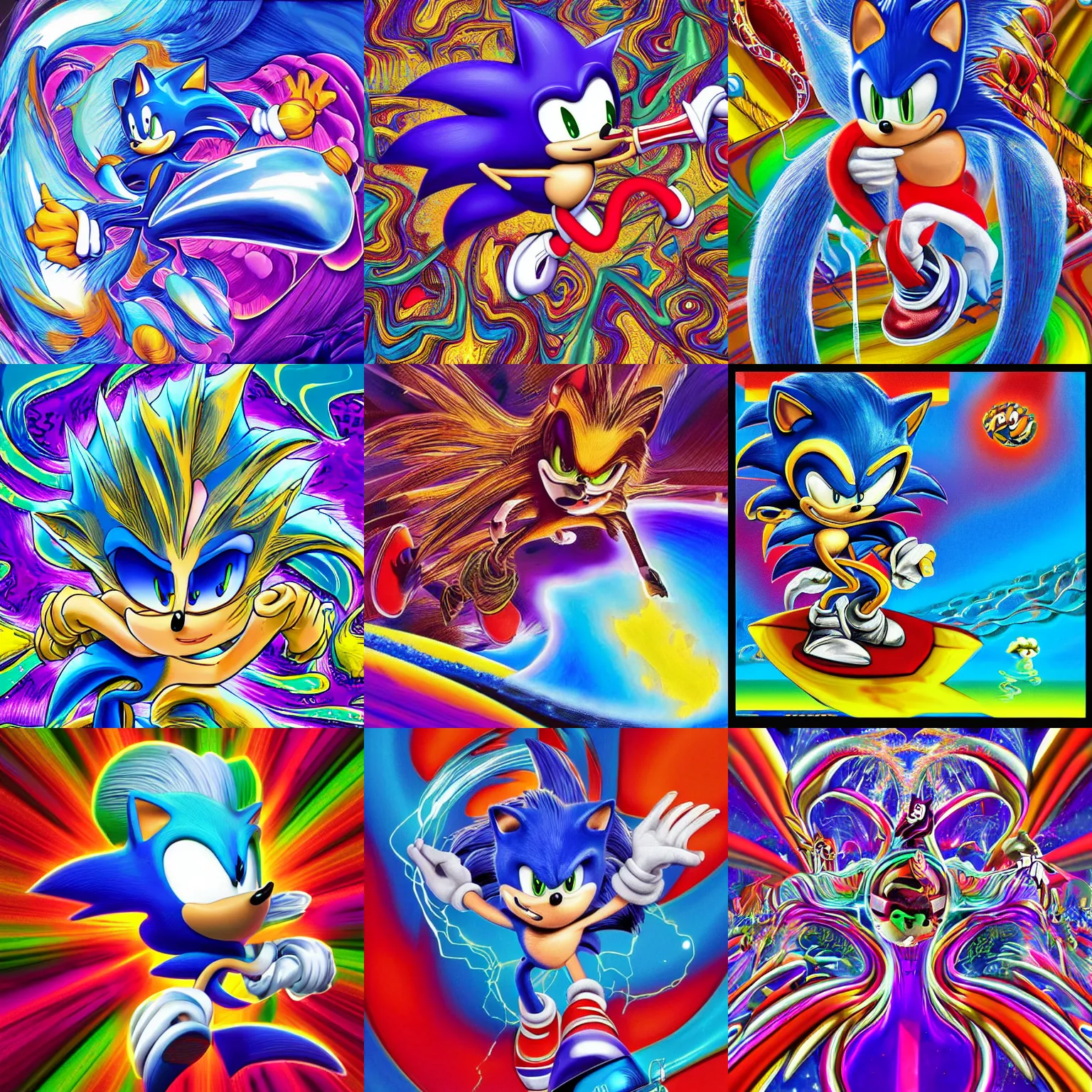 Prompt: classic sonic in surreal, fractal, detailed professional, high quality portrait airbrush art MGMT album cover portrait of a liquid dissolving LSD DMT sonic the hedgehog surfing through cyberspace, purple checkerboard background, 1990s 1992 Sega Genesis video game album cover
