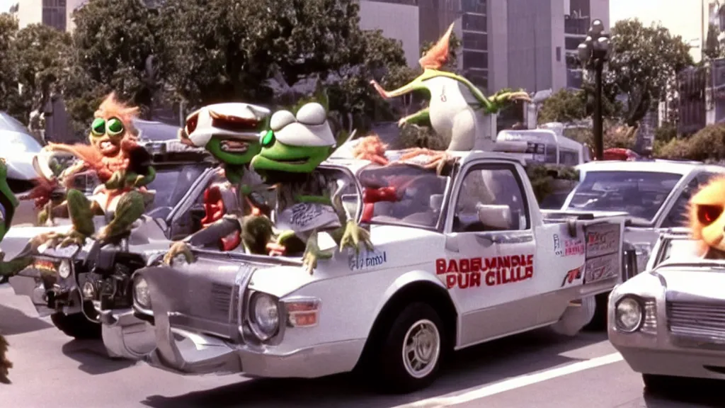 Image similar to Gremlins driving anthropomorphic self driving gremlin cars in downtown silicon valley, film still from banned media Gremlins 3 New World Order, directed by Joe Dante, Nathan Fielder and Groucho Marx