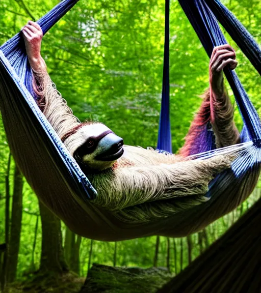 Prompt: a nature photograph of adam driver as a sloth resting in a hammock in his garden, sharp focus, long focal length, brightly lit