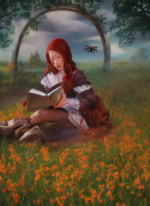 Image similar to An epic fantasy comic book style portrait painting of a young red headed girl reading a book in a field of flowers surrounded by bees in the style of the wheel of time, unreal 5, DAZ, hyperrealistic, octane render, cosplay, RPG portrait, dynamic lighting