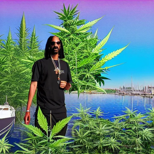Prompt: snoop dog standing on a boat in front of huge cannabis plants, realistic digital art, highly detailed