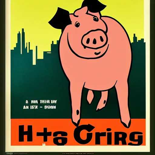 Image similar to propaganda poster with a cartoon pig as the centerpiece