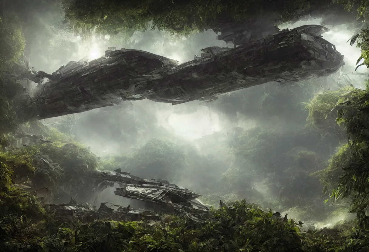 Prompt: space ship wreck in jungle, ominous space battle background, hyper realism, realistic, dramatic lighting, octane render, highly detailed, cinematic lighting, cinematic, art by art by rubens and rutkowski and rembrandt