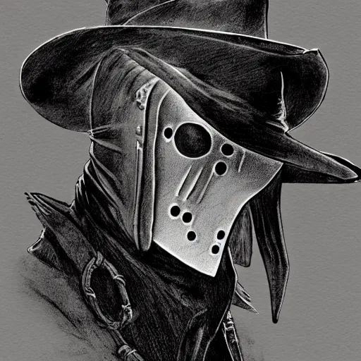 Image similar to a portrait of a plague doctor gunslinger, dark fantasy, horror, western, hell, ultrafine detailed digital pencil art by frank frazetta and vito acconci and and takeshi obata and mike mignola, death note style, colored, symetric body, cgsociety, sharp focus, cowboy shot, detailed face