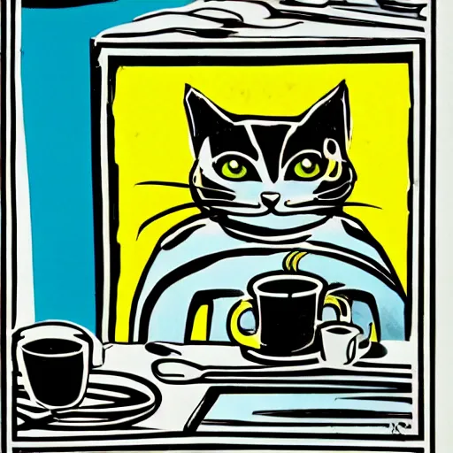 Prompt: a cat sitting at a table next to a cup of coffee, a pop art painting by art spiegelman, flickr, pop art, pop art, woodcut, lowbrow