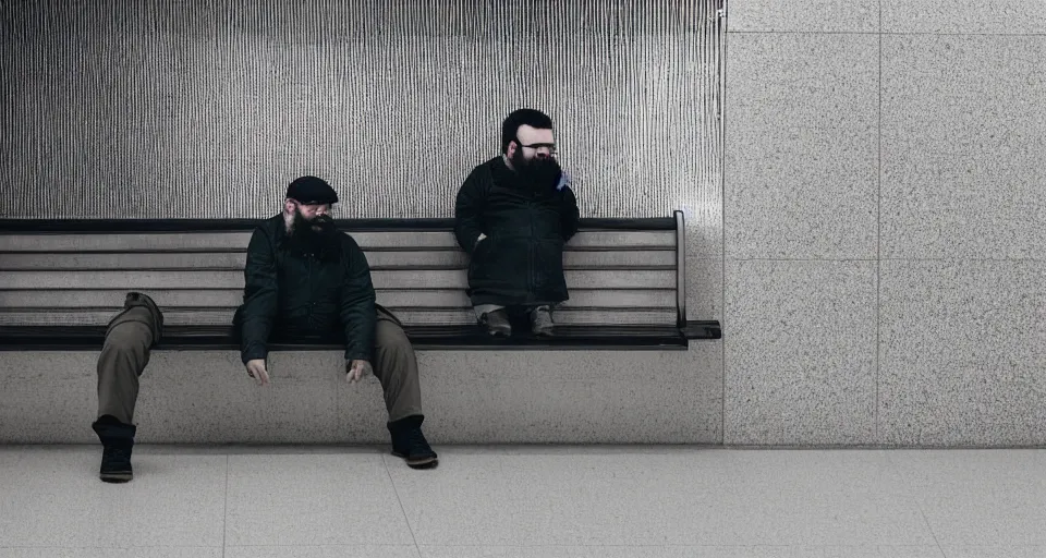 Prompt: portrait of a chubby bearded young man with glasses sitting alone on a bench in a subway station, glowing with silver light, color by Brooke DiDonato, , highly detailed architecture by Brooke DiDonato, today's featured photograph, 16K