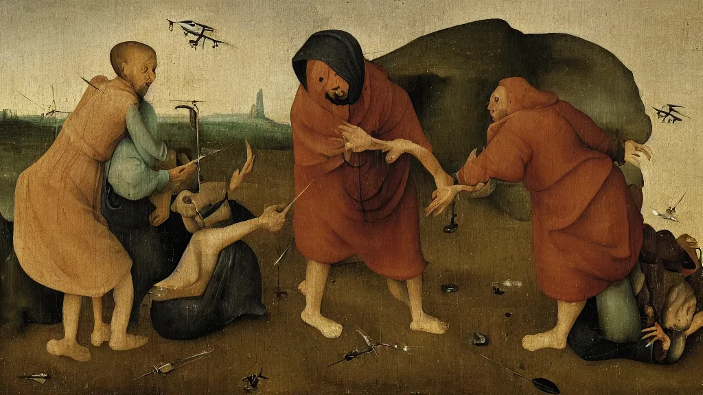 Image similar to a drone attack to innocent villager, close-up villager terrified by drone, in the fashion of Hieronymus Bosch, oil on canvas, painting, 4k