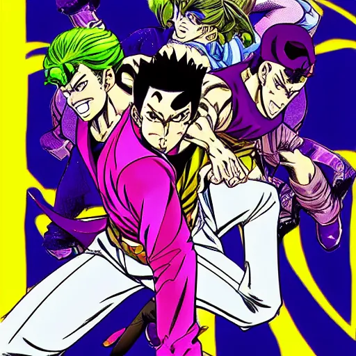 Image similar to jojo bizarre adventures, hirohiko araki style, manga frame