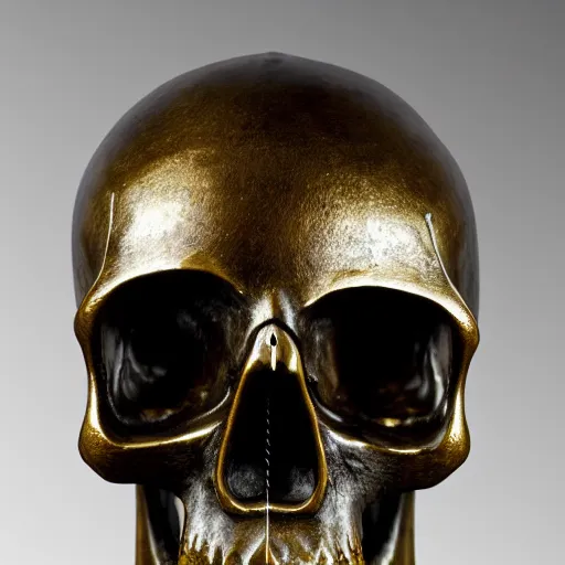 Prompt: skull with a samurai helmet old bronze statue, intricate detail, full shot, museum lighting