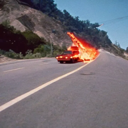 Image similar to Film still of Los Angeles Vice Squad 2050 (1990). Epic chase scene where the villian drives his flaming car off cliff. Sigma 85mm f/8