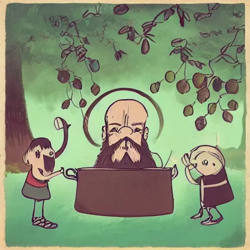 Prompt: small creatures having tea party in a humans beard. in a style of hayao miyazaki.