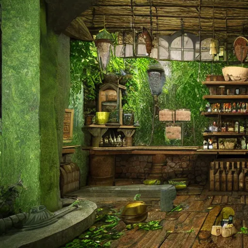 Prompt: beautiful alchemical potion shop in a lush forest, 4k realistic, cryengine