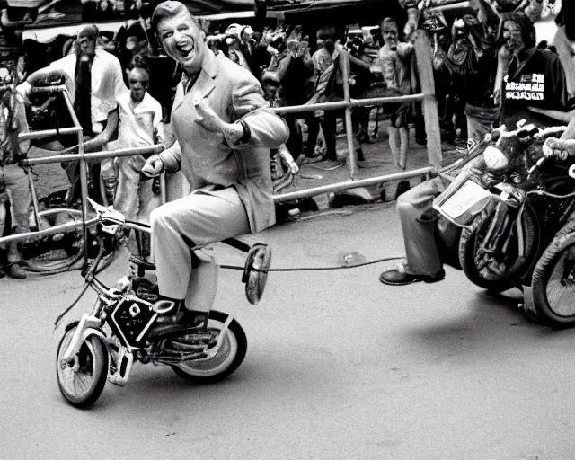 Image similar to 3 5 mm photograph of vince mcmahon pulling a wheelie on a monkey bike