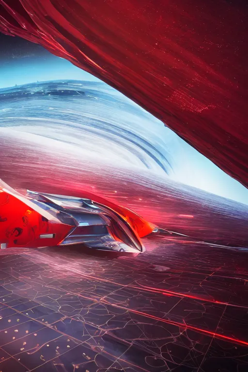 Prompt: professional photograph of a beautiful neo - futuristic simplified symmetrical spacecraft on a desert spaceport by ilm, denis villeneuve, emmanuel shiu, zaha hadid, vapor, cinematic architectural scale, red paint detail, manga, dramatic, volumetric, concept art, hard surface, hyperrealism, high detail, trending on artstation, sharp focus, rendered in octane