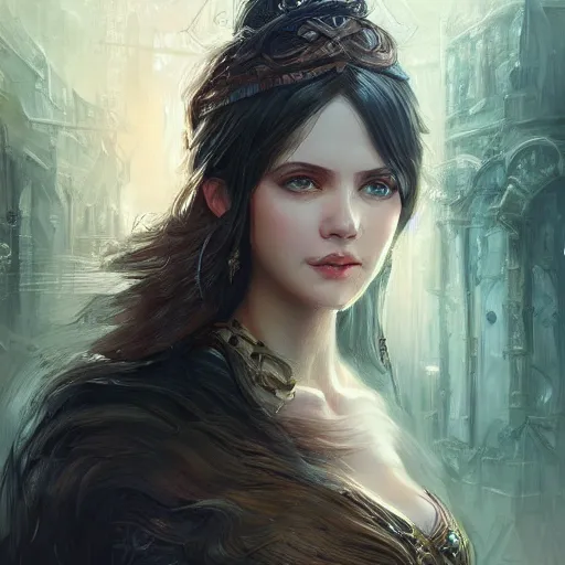 Image similar to a portrait of a younger terri alden as a sorceress, urban motifs, intricate, elegant, highly detailed, digital painting, trending on artstation, concept art, smooth sharp focus, illustration, art by artgerm and greg rutkowski