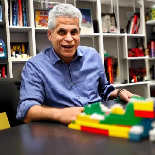 Prompt: Yair Lapid playing with legos in his office, detailed