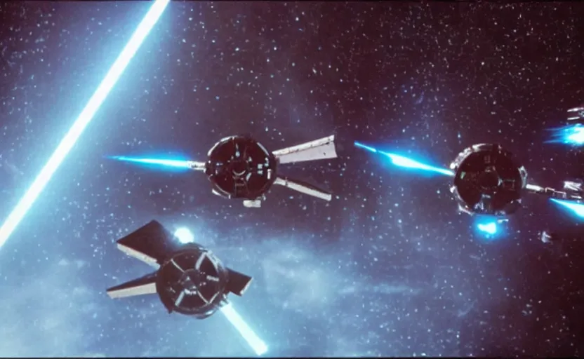 Prompt: iconic cinematic screen shot of scene x wing space battle against new tie fighter desing, from the action packed scene from the 1 9 7 0 s star wars sci fi film by stanley kubrick, glowing lasers, kodak film stock, anamorphic lenses 2 4 mm, lens flare, iconic cinematography, award winning