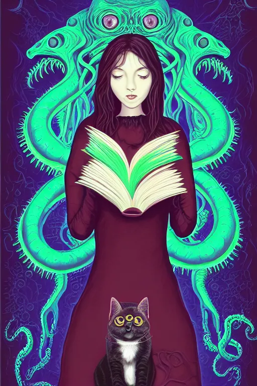 Image similar to ai illustration of romantic girl, her cat and her book of necronomicon, symmetrical, cinematic, sharp focus, 4 k, ultra hd, sense of awe, sinister demonic atmosphere, dreadful, forbidden knowledge, old gods, cthulhu, yog - sothoth! yah, yah, yah! cultist journal cover