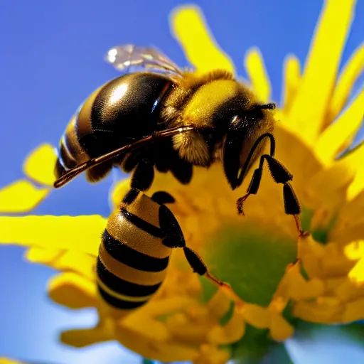 Image similar to macro shot of a robotic bee resting on a flower, global illumination