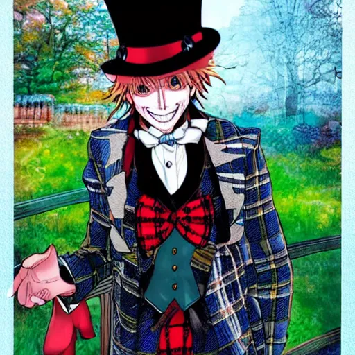 Image similar to The Madhatter as a Manga Character, Scottish Tartan on Hat, Very Large Grin, Depth of Field, 35mm + Art by Rieko Saibara