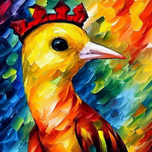 Image similar to an elegant yellow bird wearing a crown and a red bow tie in the style of leonid afremov, very very beautiful, impressionism, high quality, detailed, 4k