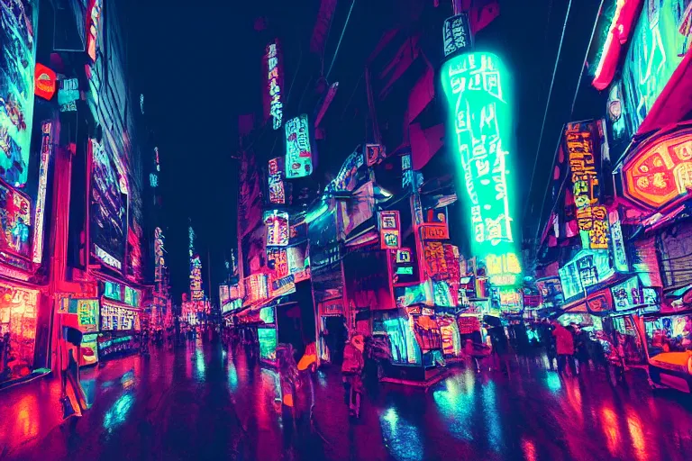 Image similar to a city street filled with lots of neon signs, cyberpunk art by liam wong, pinterest, shin hanga, anime aesthetic, streetscape, photo taken with ektachrome