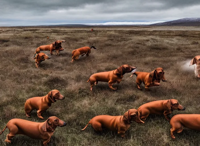 Image similar to Herd of dachshunds migrating in the Tundra, National Geographic photograph, very detailed, 8k