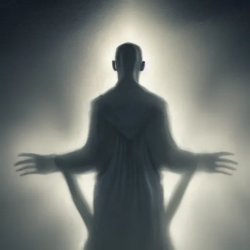 Image similar to Close up of a young, thin and stern catholic priest in his thirties fervently praying as he is about to die from the ominous Lovecraftian yellow shadow descending upon him from the night sky. Low angle, dramatic lighting. Award-winning digital art, trending on ArtStation