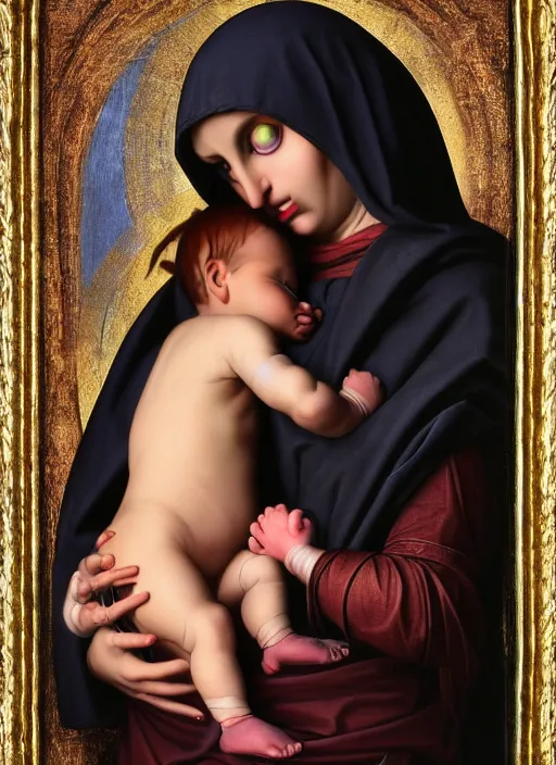 Prompt: realistic detailed 8k photo of futuristic holy cyborg-mother holding a newborn baby child in hands by Raphael Santi, Neo-Gothic, gothic, rich deep colors. masterpiece