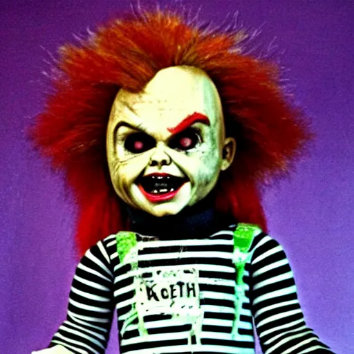 Image similar to Chucky the killer doll as Beetlejuice