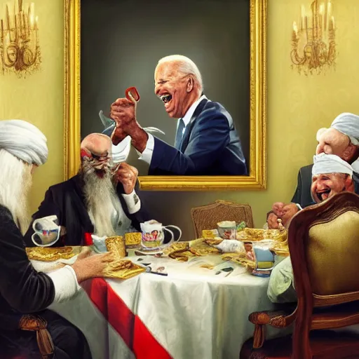 Image similar to a photorealistic oil painting of joe biden laugh in tea party with osama bin laden, justify content center, hyper realistic content, frontal hyperdetailed realistic content, sharp focus, intricate, baroque, delete duplicate content